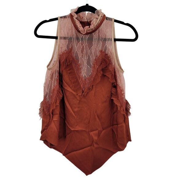 Jonathan Simkhai Feminine Ruffled Lace Top Blouse Sz M Rust Sheer Sleeveless - Picture 2 of 11
